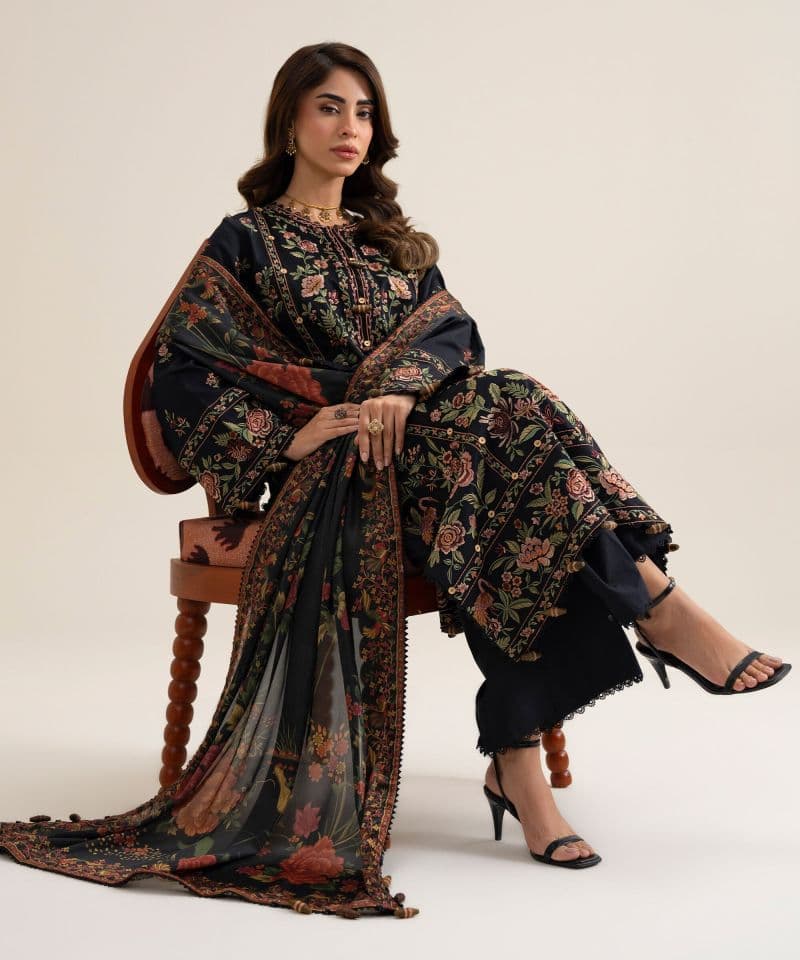 3 Piece - Embroidered Fine Cotton Satin Suit thumbnail