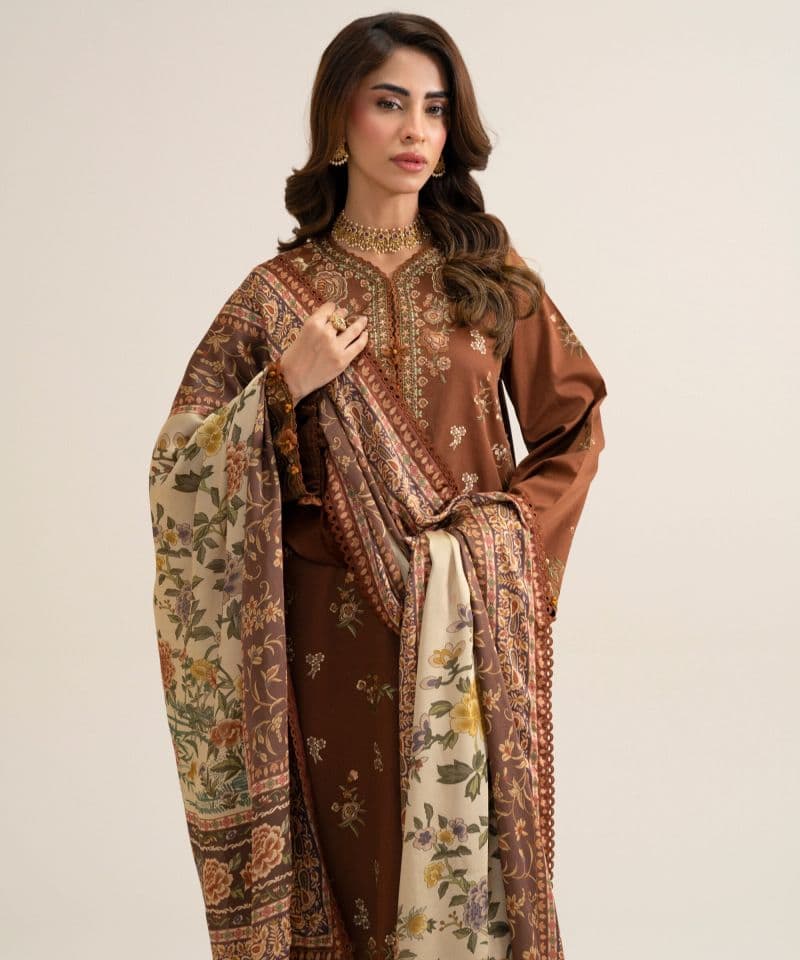 3 Piece - Embroidered Fine Cotton Satin Suit thumbnail