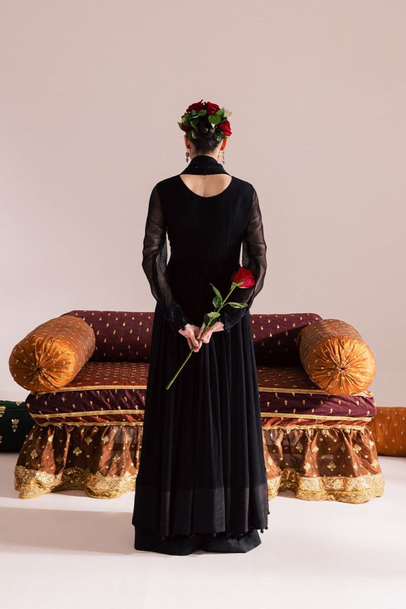 Embroidered Chiffon and raw silk Black embroidered chiffon pishwas paired with an embroidered chiffon 3 Piece Ready-to-Wear Suit (KR-01) thumbnail