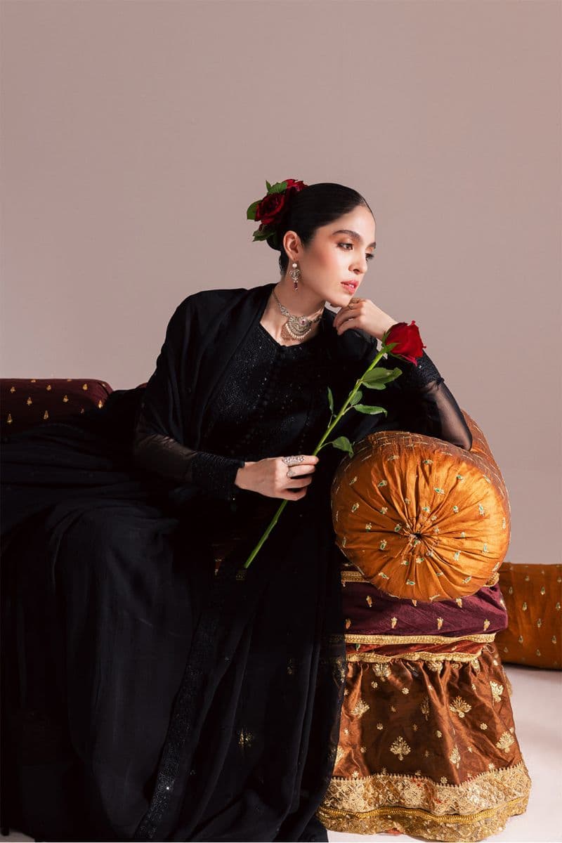 Embroidered Chiffon and raw silk Black embroidered chiffon pishwas paired with an embroidered chiffon 3 Piece Ready-to-Wear Suit (KR-01) thumbnail