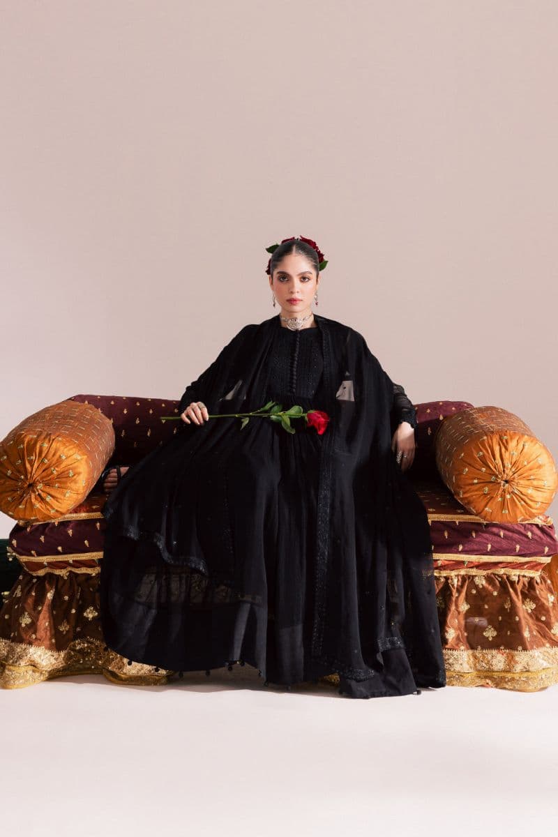 Embroidered Chiffon and raw silk Black embroidered chiffon pishwas paired with an embroidered chiffon 3 Piece Ready-to-Wear Suit (KR-01) thumbnail