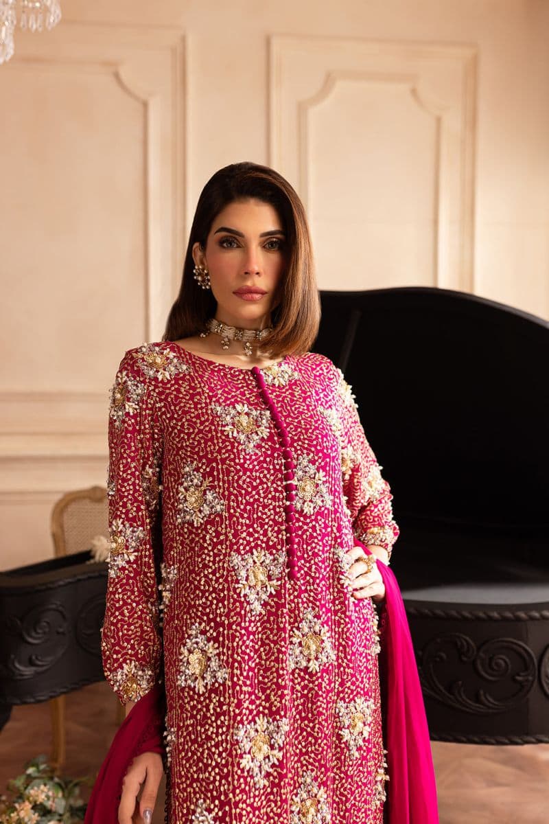 Embroidered Chiffon and raw silk Hot pink embroidered chiffon long 3 Piece Ready-to-Wear Suit (ML-01) thumbnail