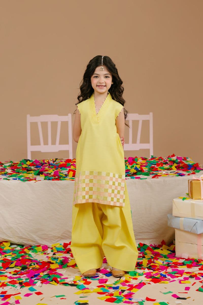 Embroidered Raw Silk Lime Yellow Embroidered silk 2 Piece Ready-to-Wear Suit thumbnail