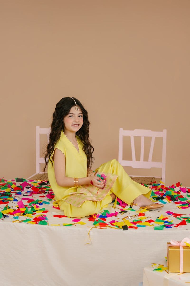 Embroidered Raw Silk Lime Yellow Embroidered silk 2 Piece Ready-to-Wear Suit thumbnail