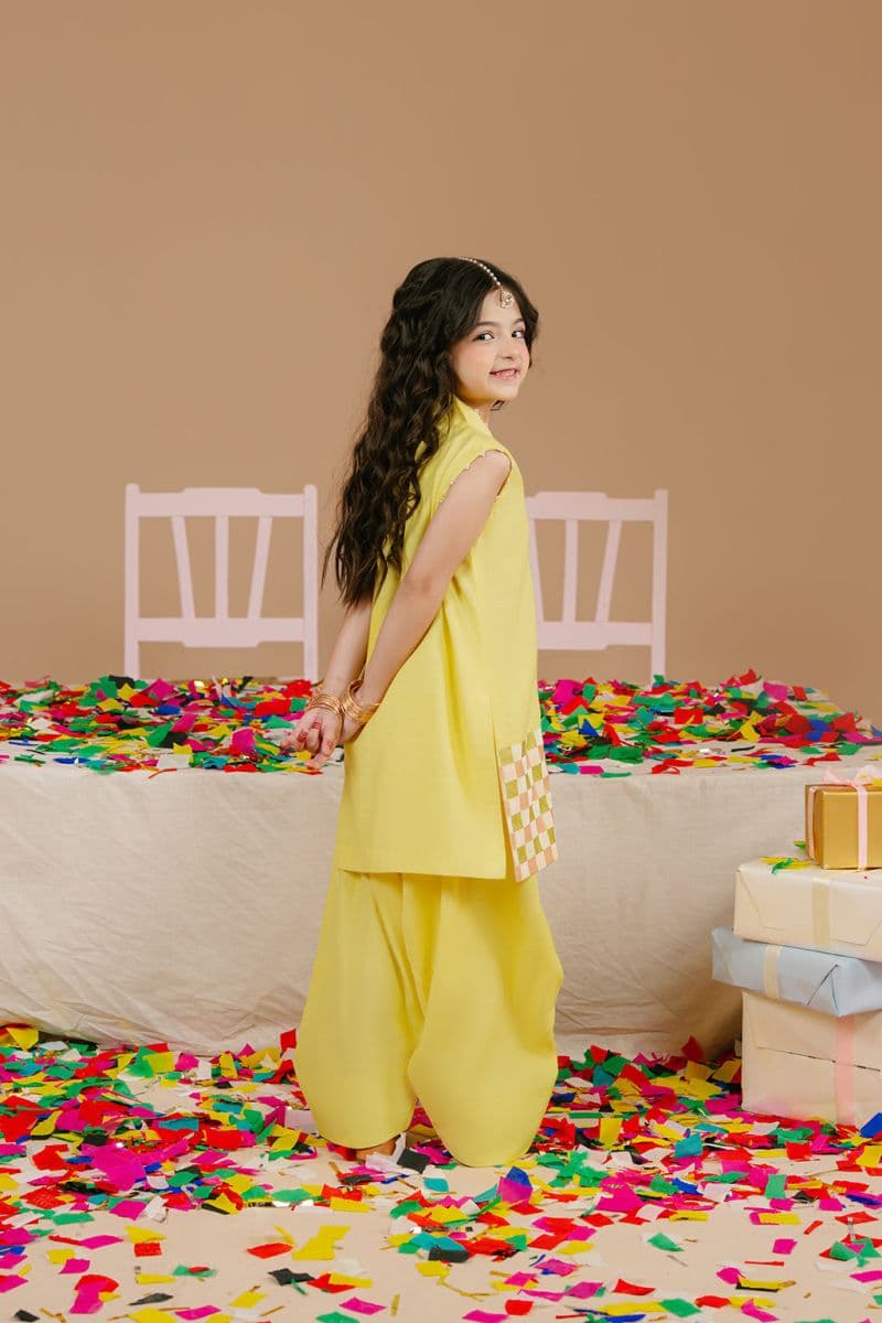Embroidered Raw Silk Lime Yellow Embroidered silk 2 Piece Ready-to-Wear Suit thumbnail