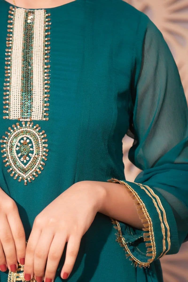 Chiffon Hand Adda Work 3 Pc Suit
