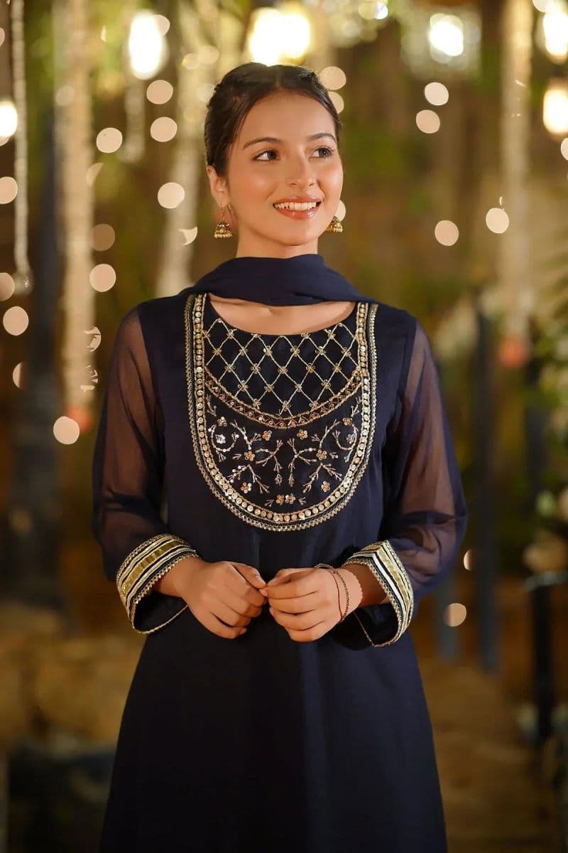 Chiffon Hand Adda Work 3 Pc Suit