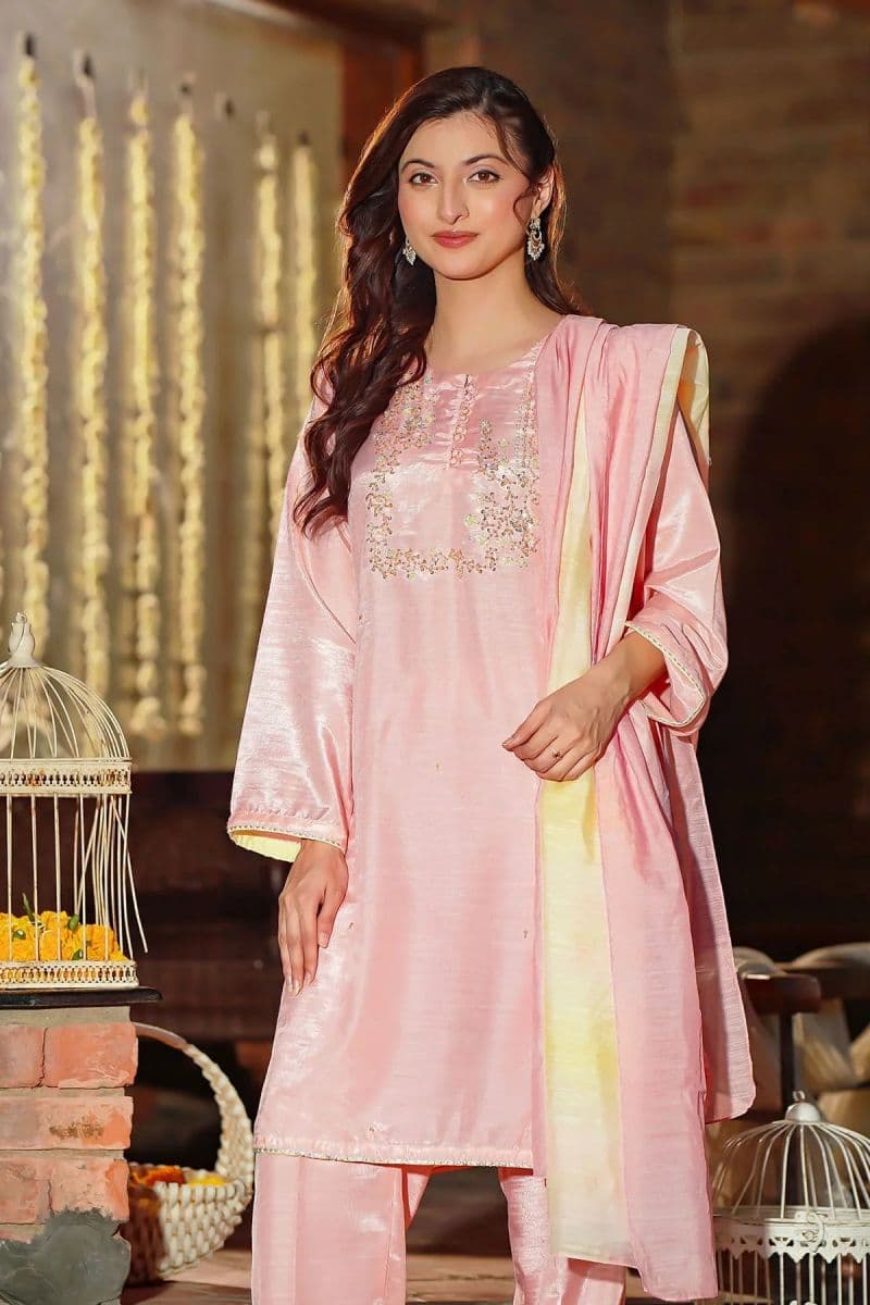 Womens Cotton Silk Hand Adda Work 3 Pc Suit thumbnail