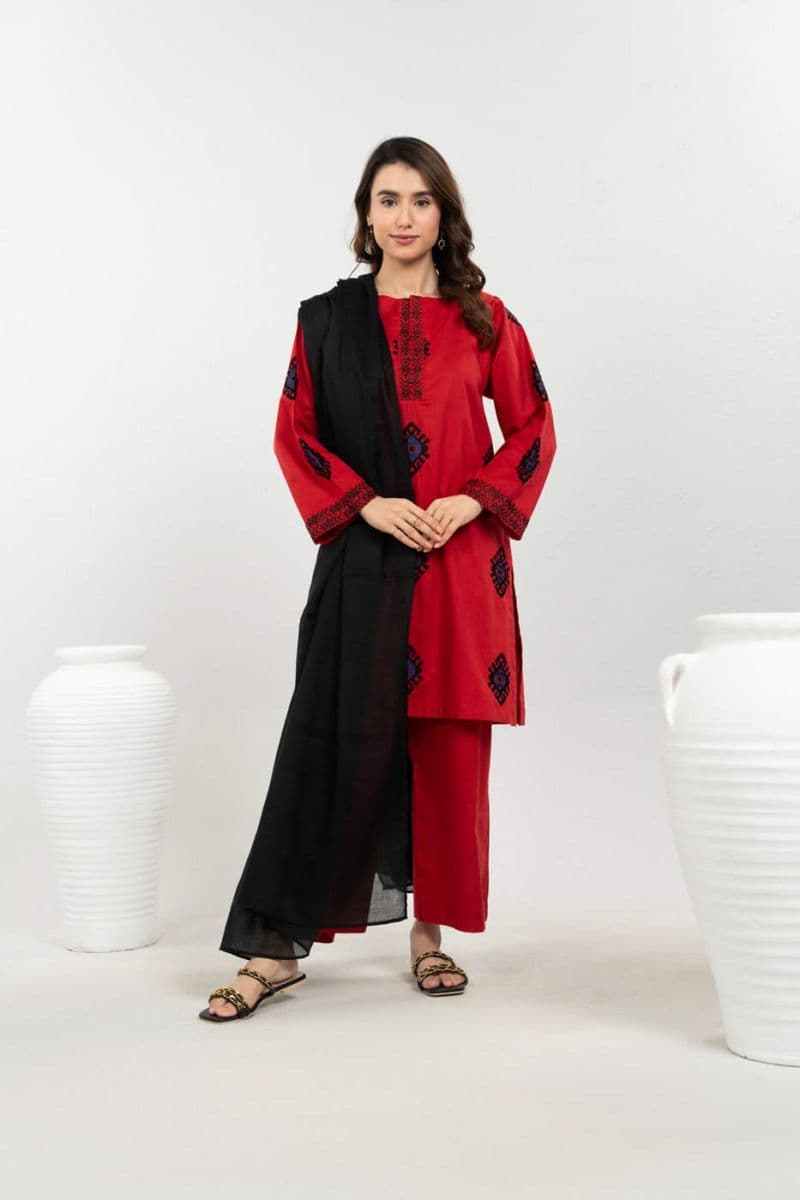 Red Printed Cambric 3 Piece Ready-to-Wear Suit thumbnail