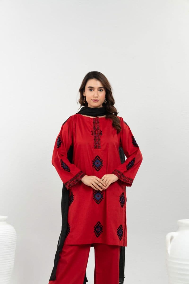 Red Printed Cambric 3 Piece Ready-to-Wear Suit thumbnail