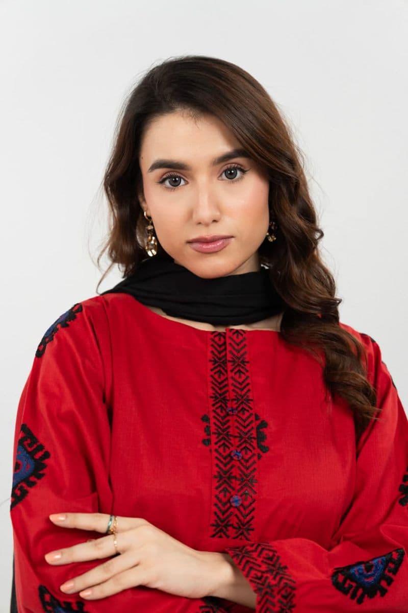 Red Printed Cambric 3 Piece Ready-to-Wear Suit thumbnail