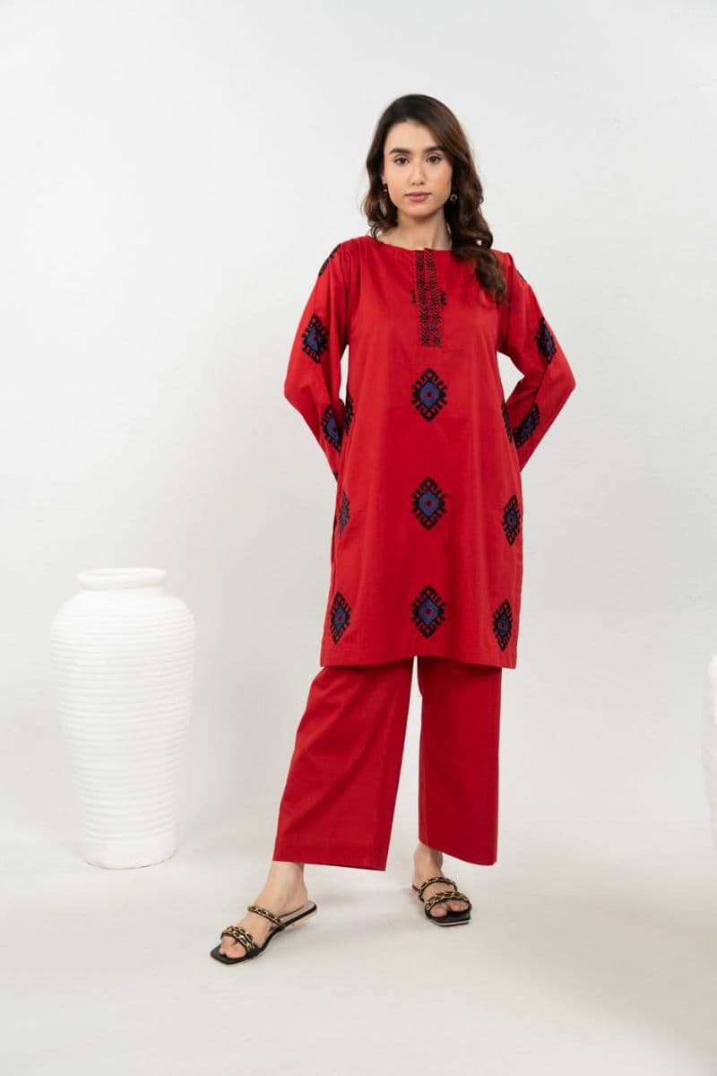 Red Printed Cambric 3 Piece Ready-to-Wear Suit thumbnail