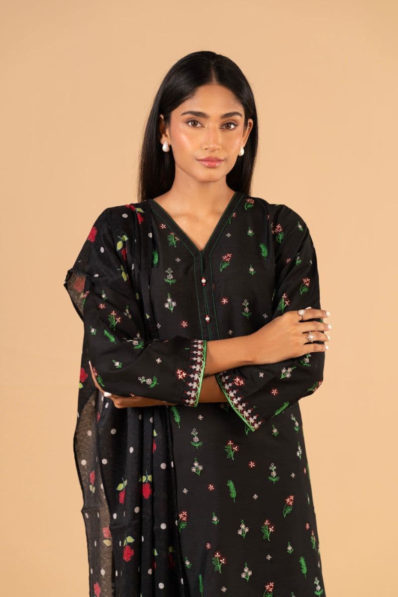 Black Embroidered Cotton Silk 3 Piece Dupatta thumbnail