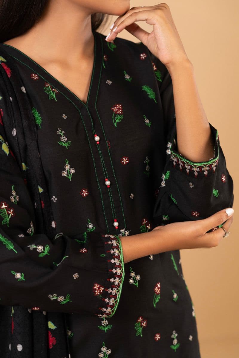 Black Embroidered Cotton Silk 3 Piece Dupatta thumbnail
