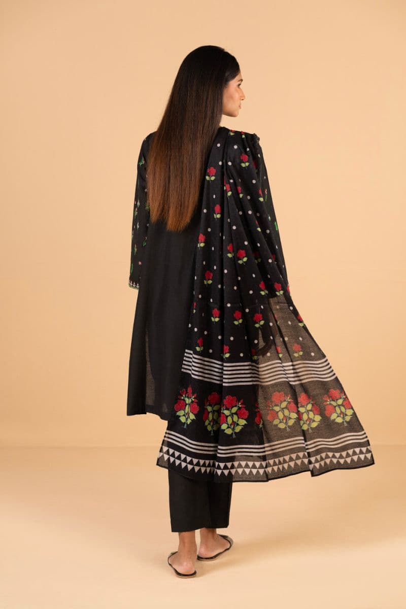 Black Embroidered Cotton Silk 3 Piece Dupatta thumbnail
