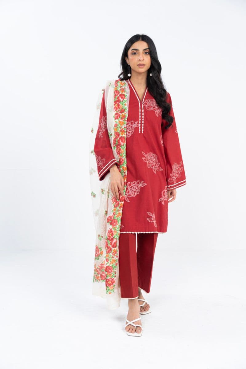 Red Embroidered Lawn 3 Piece Unstitched Suit thumbnail