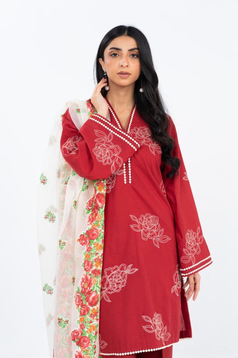 Red Embroidered Lawn 3 Piece Unstitched Suit thumbnail