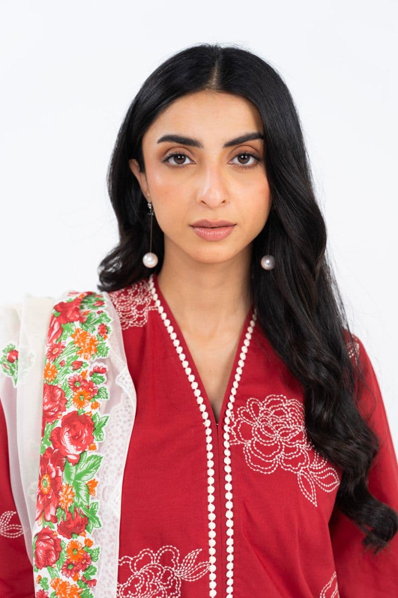 Red Embroidered Lawn 3 Piece Unstitched Suit thumbnail