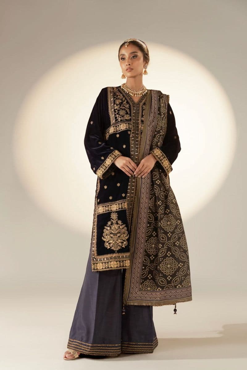 Dark Blue Embroidered Velvet 3 Piece Unstitched Suit thumbnail