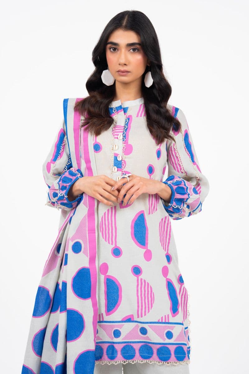 Off White Printed Karandi 3 Piece Unstitched Suit thumbnail