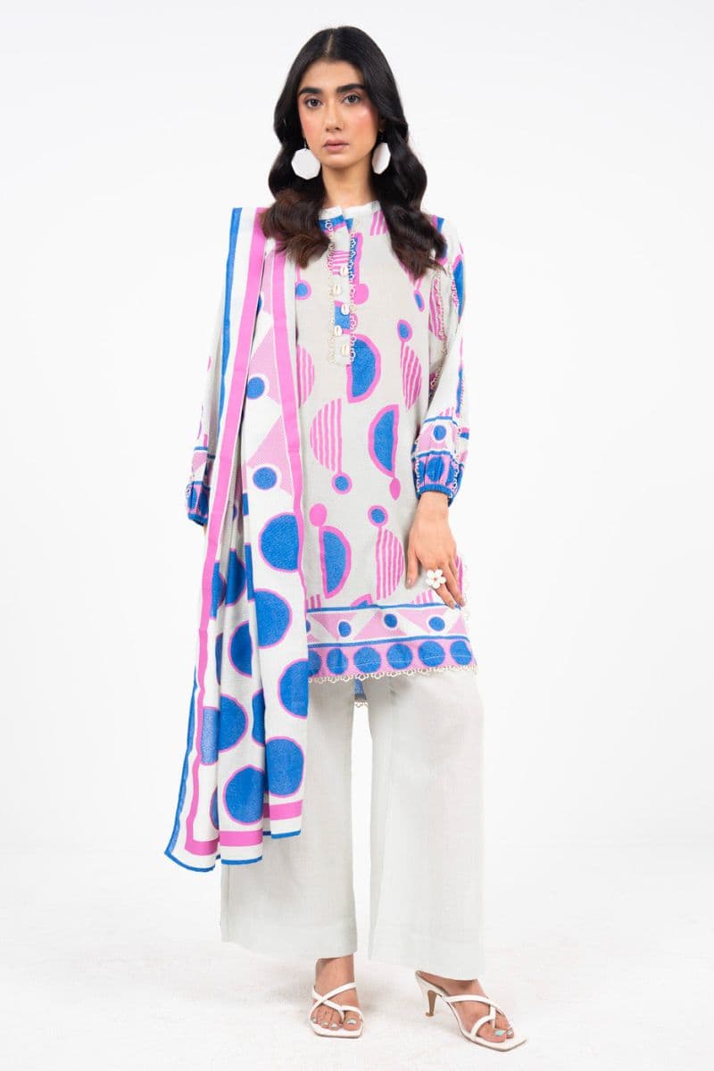 Off White Printed Karandi 3 Piece Unstitched Suit thumbnail