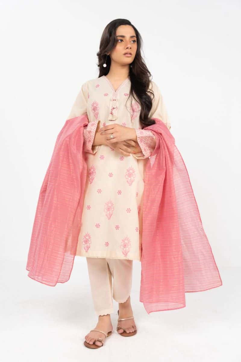 Off White Fit Embroidered Yarn Dyed 2 Piece Dupatta