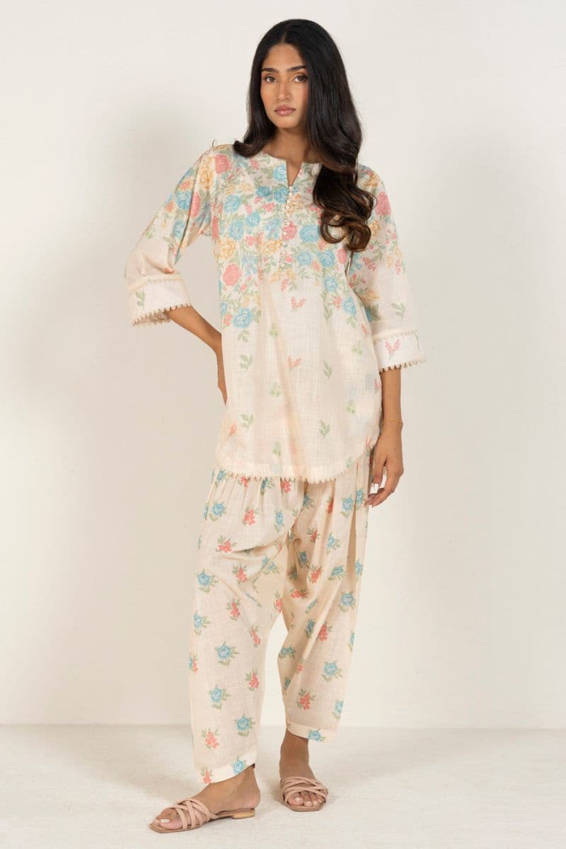 Cream Printed Two Way Slub 2 Piece Ready-to-Wear Shalwar thumbnail