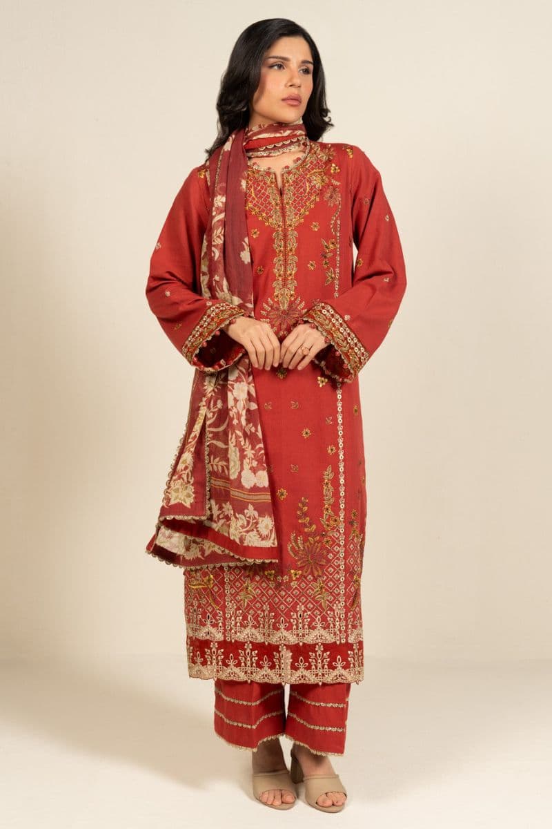 Rust Embroidered Cotton Satin 3 Piece Unstitched Suit thumbnail