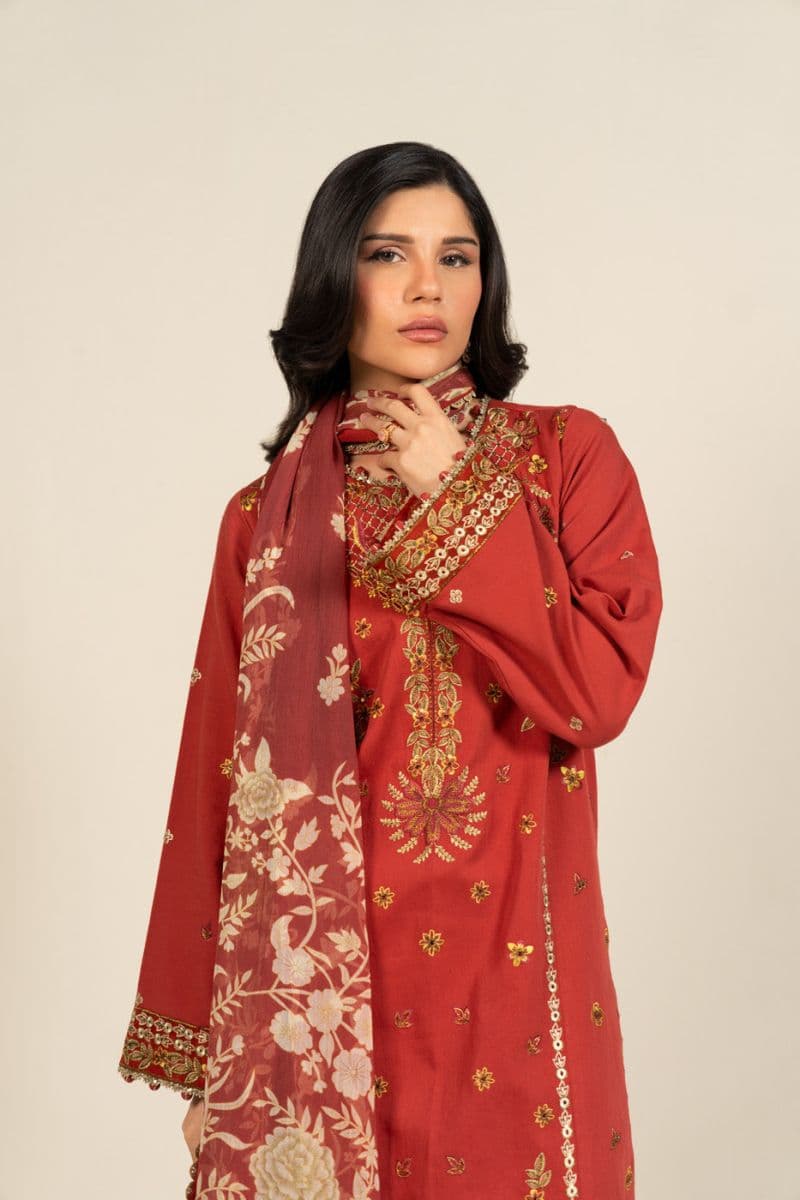 Rust Embroidered Cotton Satin 3 Piece Unstitched Suit thumbnail
