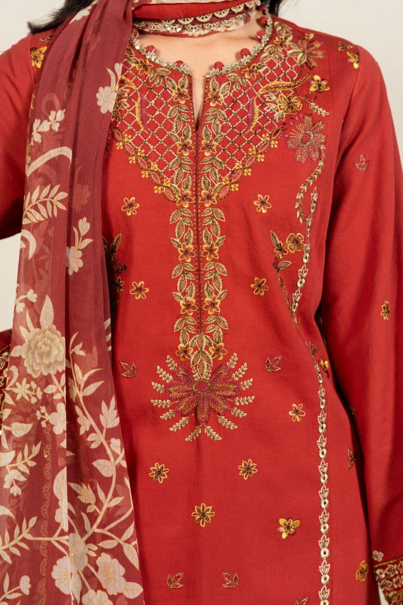 Rust Embroidered Cotton Satin 3 Piece Unstitched Suit thumbnail