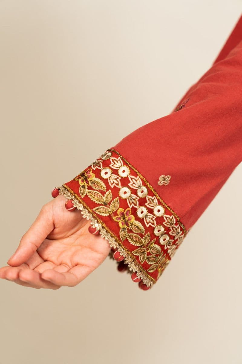 Rust Embroidered Cotton Satin 3 Piece Unstitched Suit thumbnail