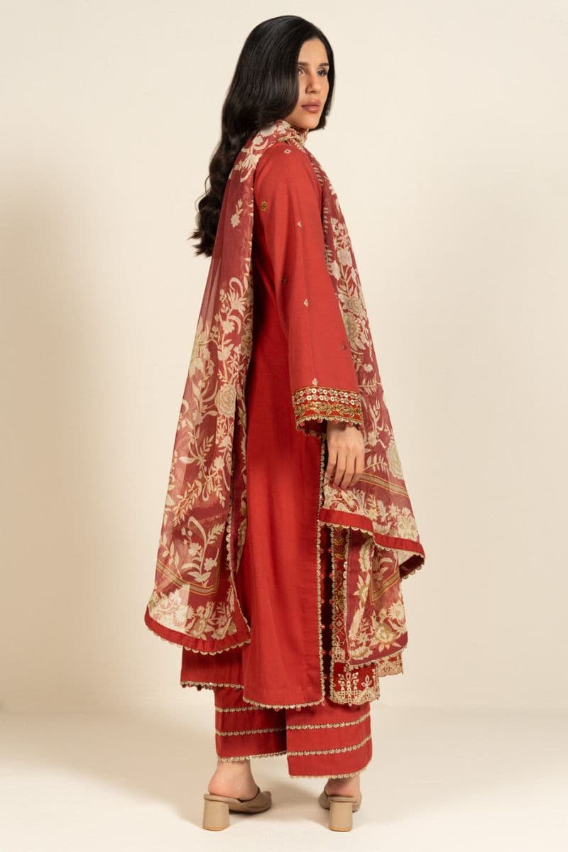 Rust Embroidered Cotton Satin 3 Piece Unstitched Suit thumbnail