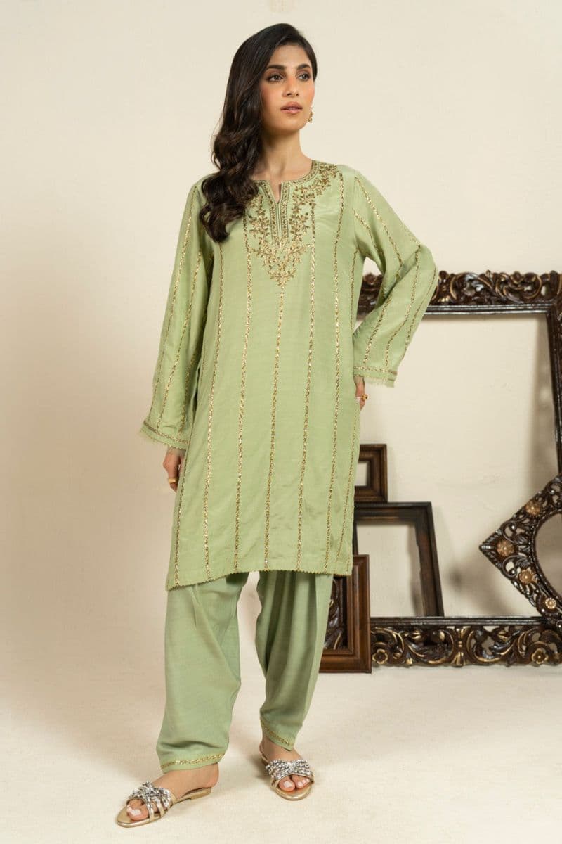 Green Embroidered Shinny Viscose 2 Piece Ready-to-Wear Suit thumbnail