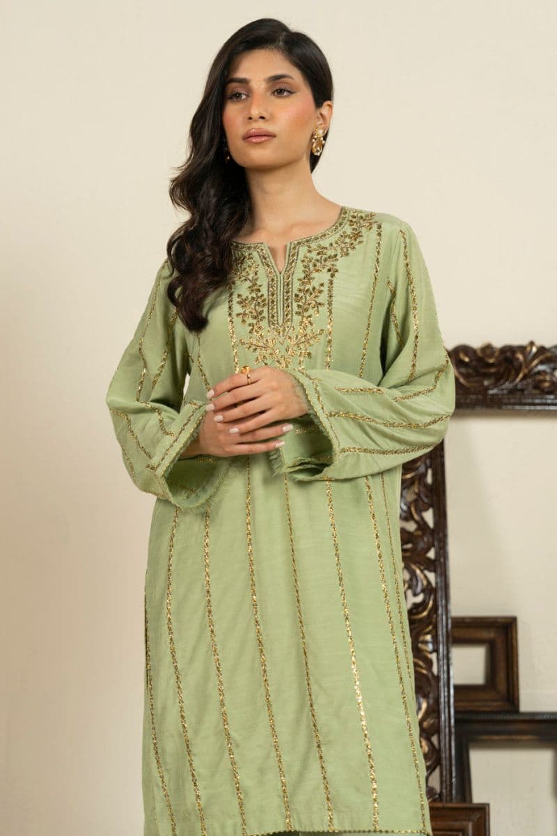Green Embroidered Shinny Viscose 2 Piece Ready-to-Wear Suit thumbnail