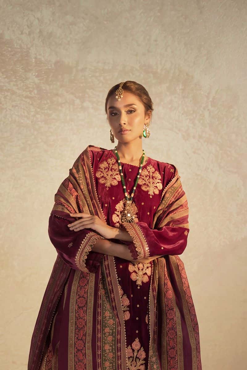 Magenta Embroidered Velvet 3 Piece Unstitched Suit - alternate view