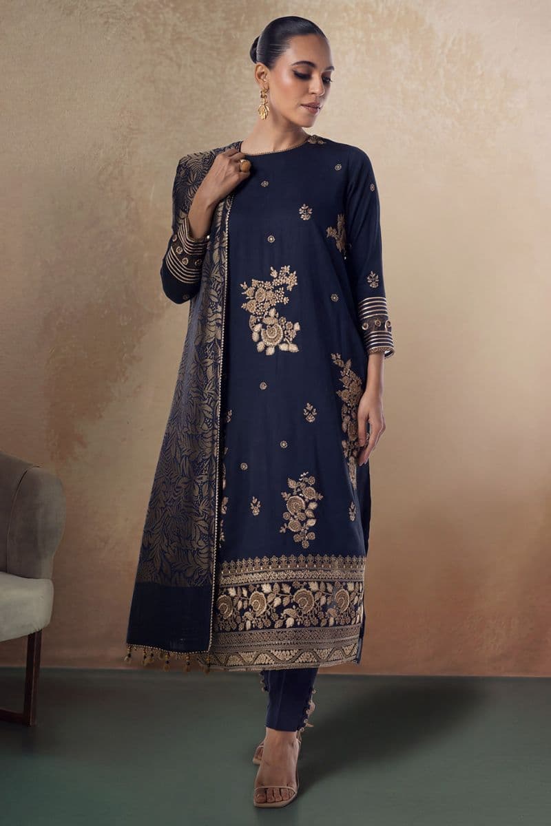 Navy Blue Viscose 3 Piece Unstitched Suit thumbnail