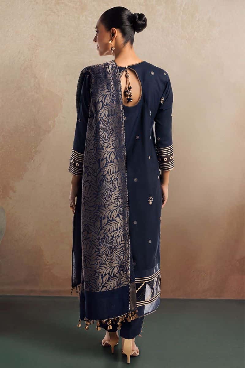 Navy Blue Viscose 3 Piece Unstitched Suit - alternate view