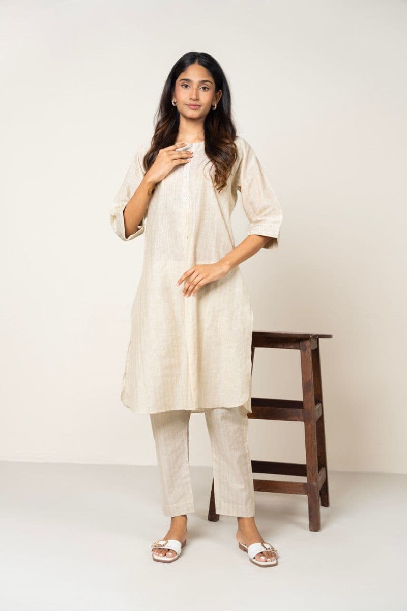 Beige Printed Yarn Dyed 2 Piece Ready-to-Wear Suit thumbnail