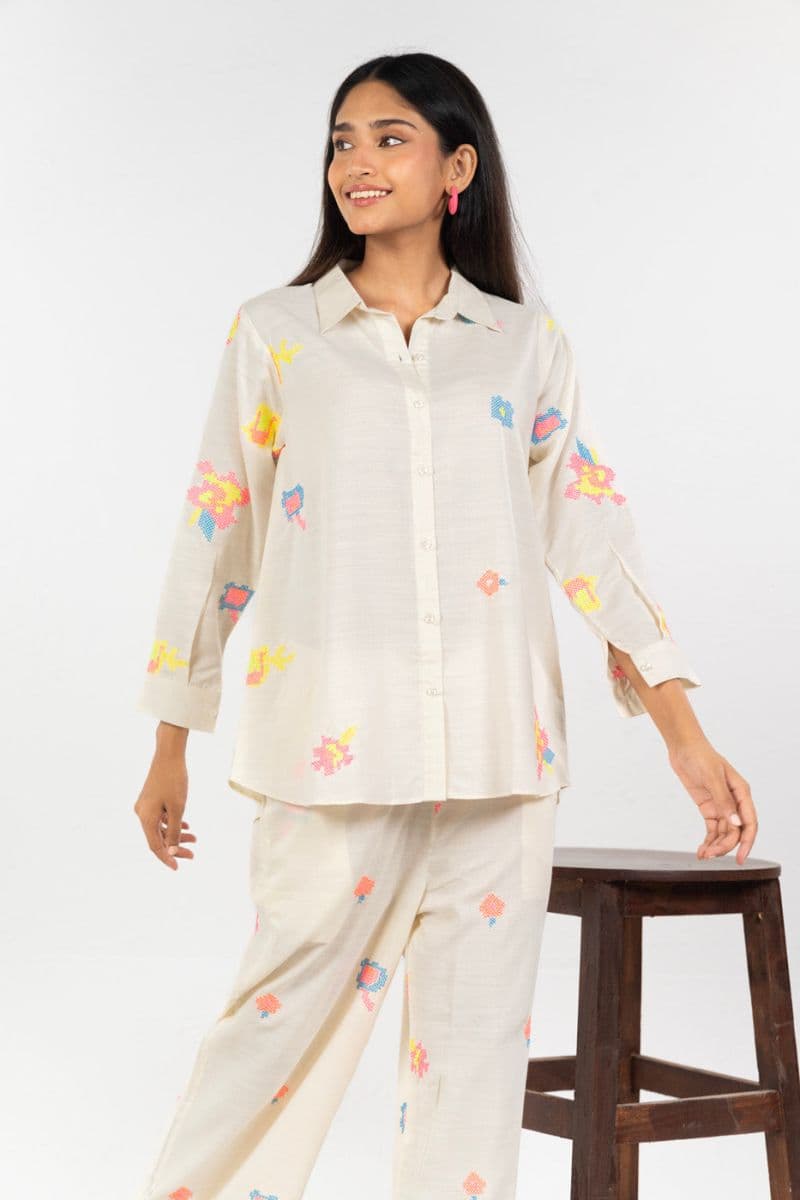 Cream Embroidered Silk Ready-to-Wear Shirt thumbnail