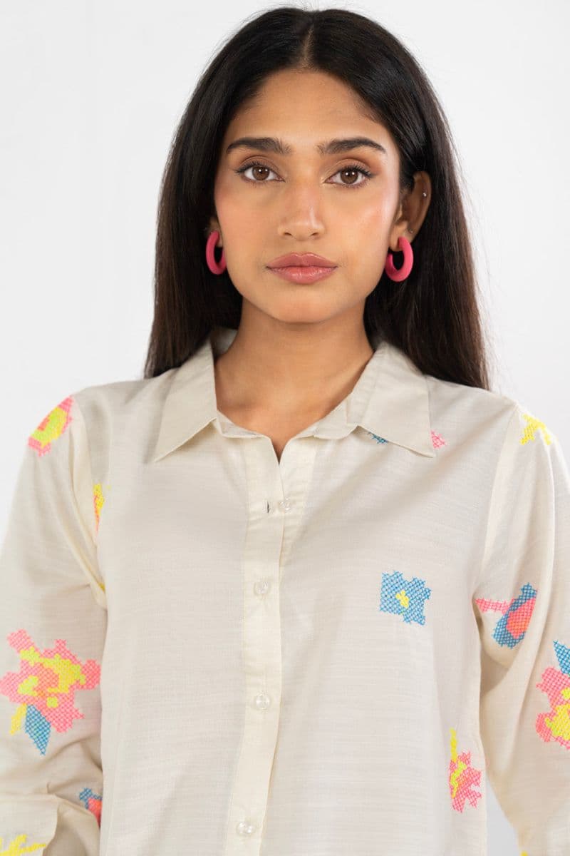 Cream Embroidered Silk Ready-to-Wear Shirt thumbnail