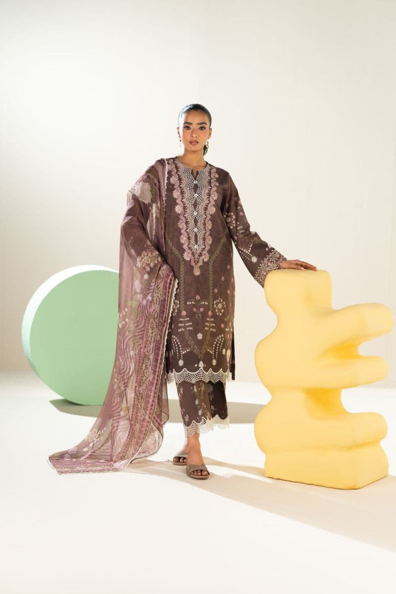 Brown Embroidered Lawn 3 Piece Unstitched Suit thumbnail