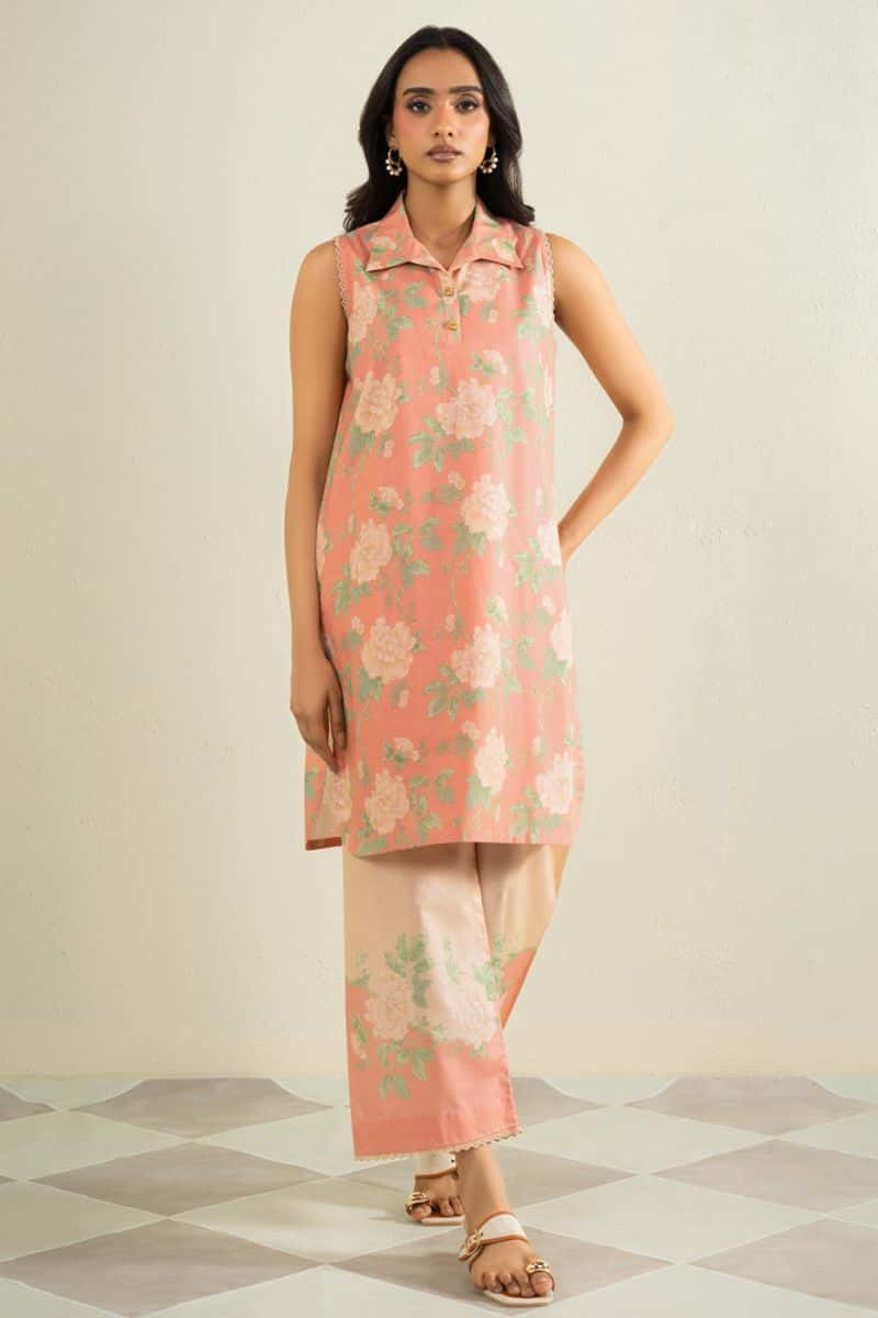 Peach Printed Cambric 2 Piece Unstitched Suit