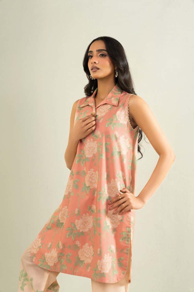 Peach Printed Cambric 2 Piece Unstitched Suit - alternate view