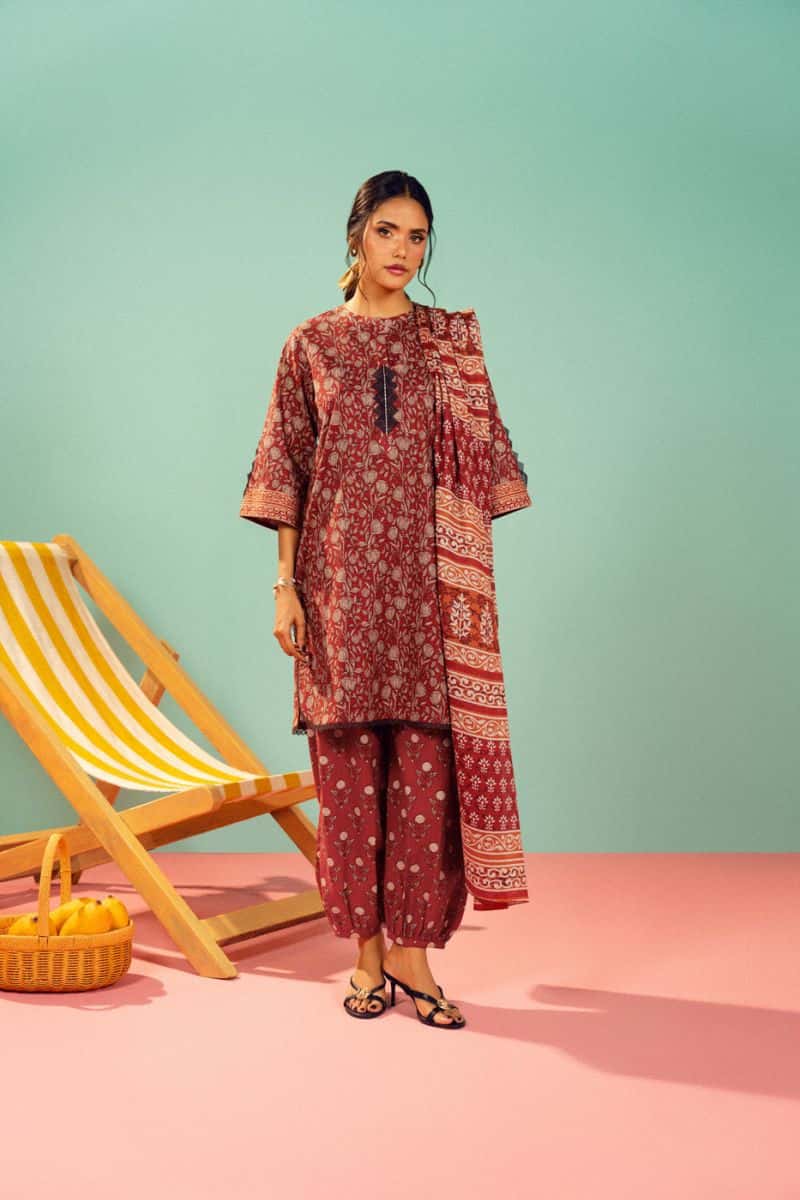 Red Printed Lawn 3 Piece Unstitched Suit