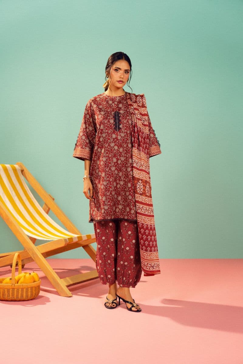 Red Printed Lawn 3 Piece Unstitched Suit thumbnail