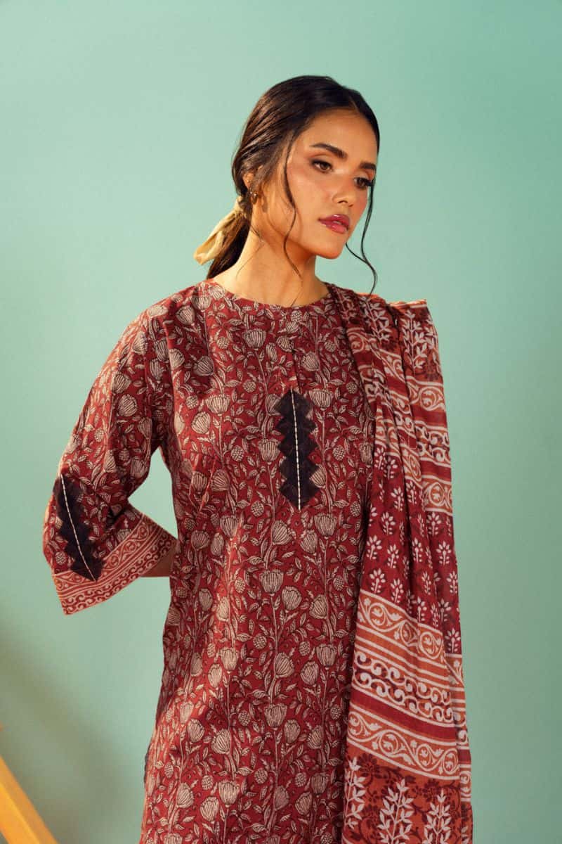 Red Printed Lawn 3 Piece Unstitched Suit - alternate view