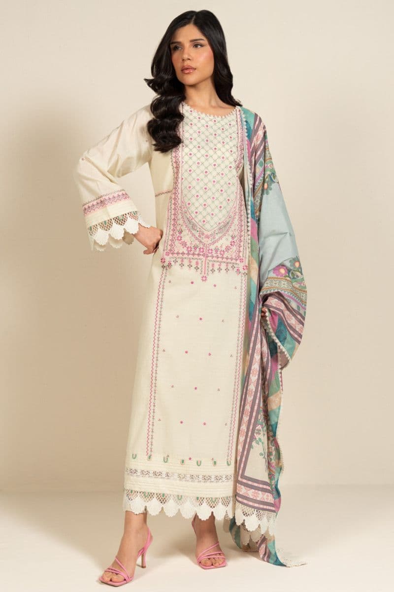 Cream Embroidered Lawn 3 Piece Unstitched Suit thumbnail