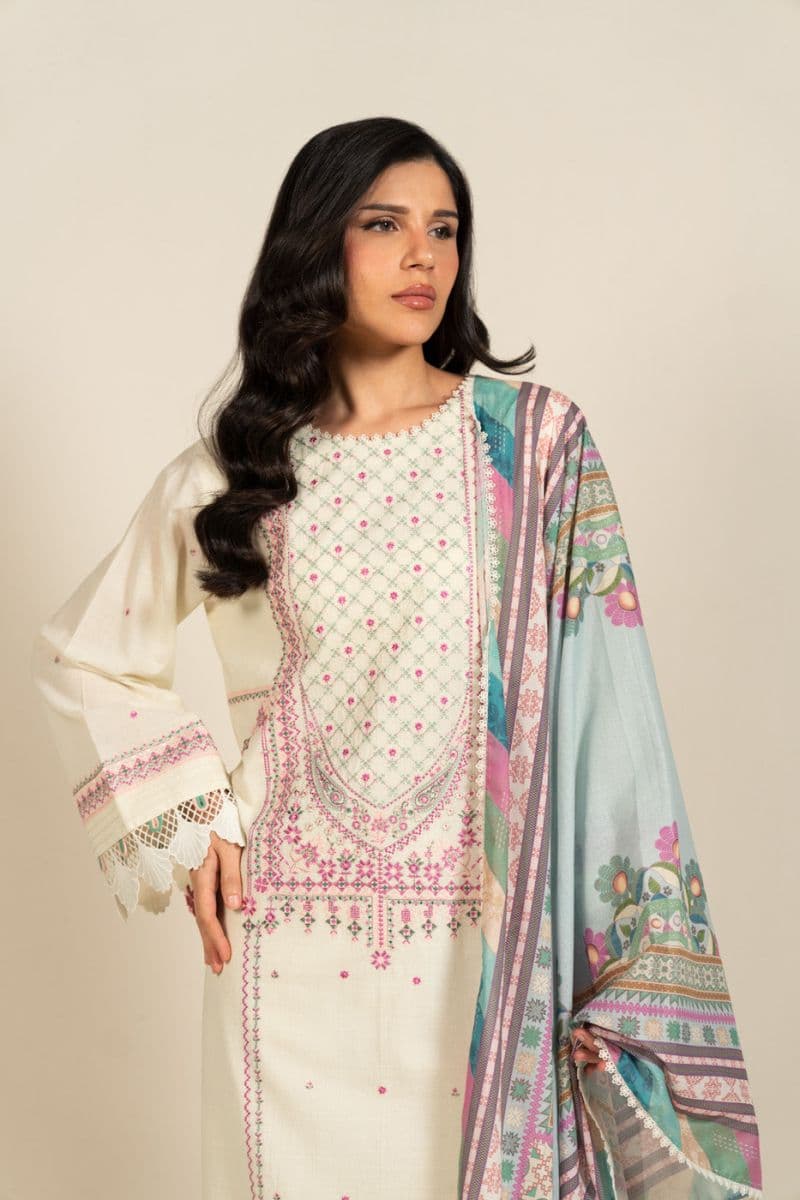 Cream Embroidered Lawn 3 Piece Unstitched Suit thumbnail