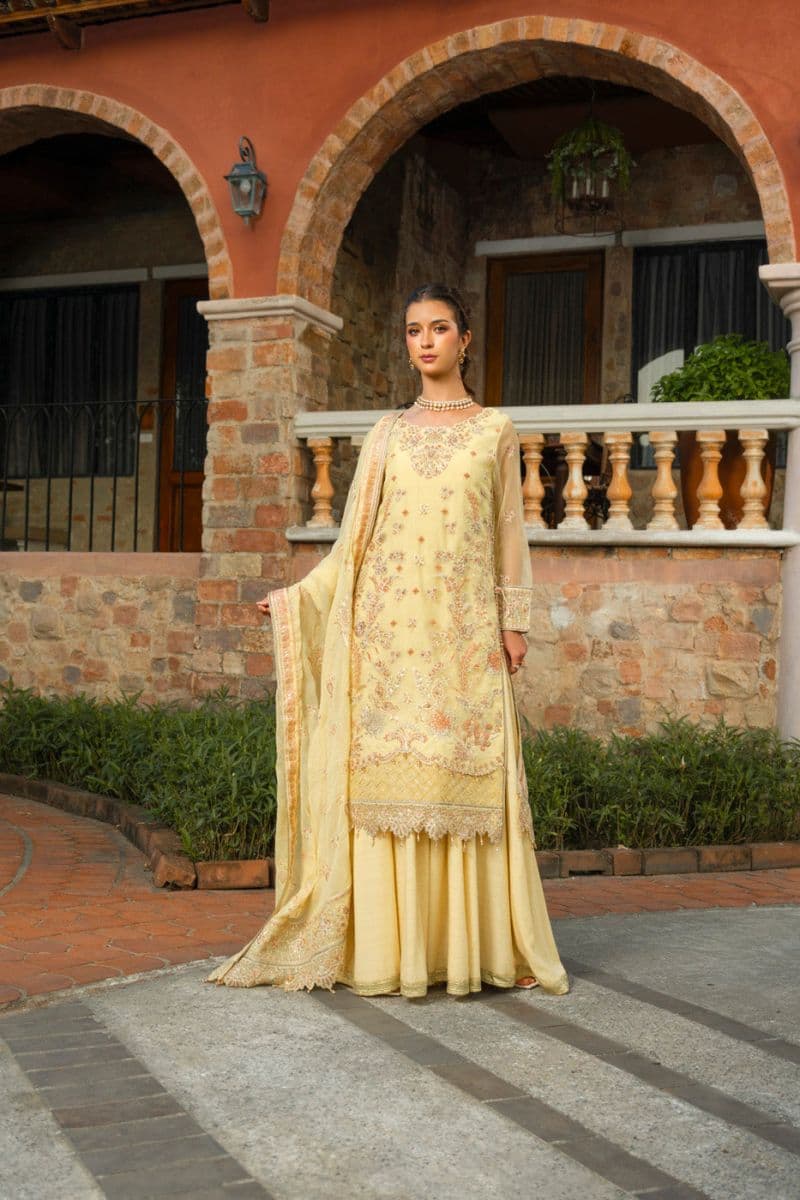 Butter Yellow Embroidered Organza 3 Piece Unstitched Suit thumbnail