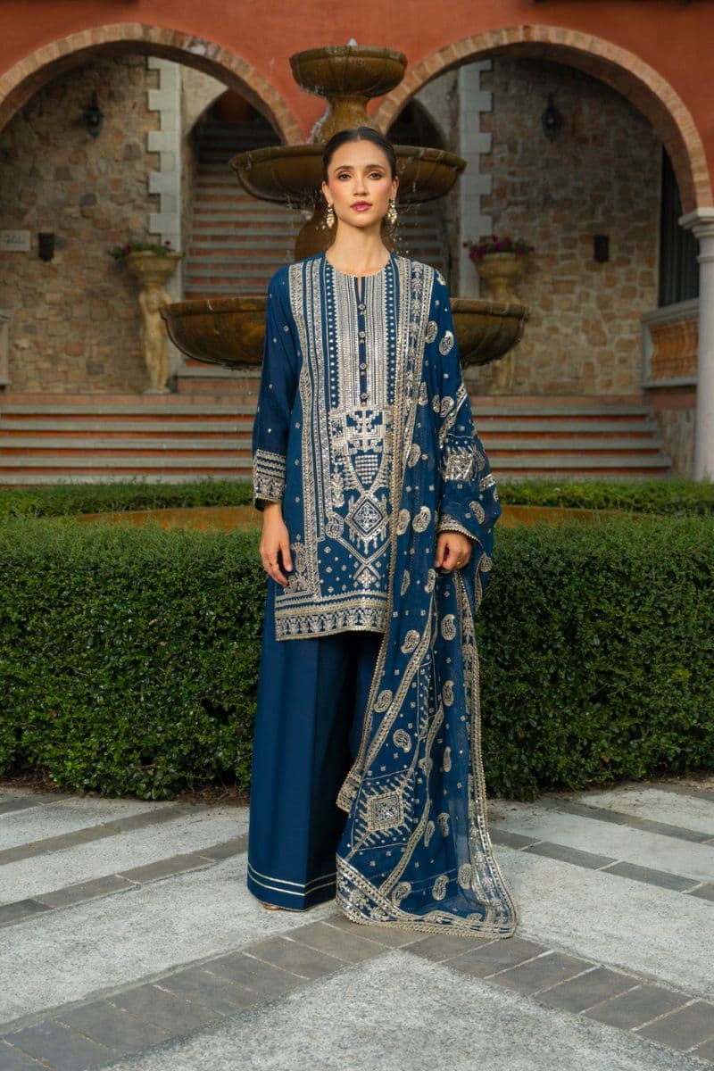 Blue Embroidered Cotton Silk 3 Piece Unstitched Suit thumbnail